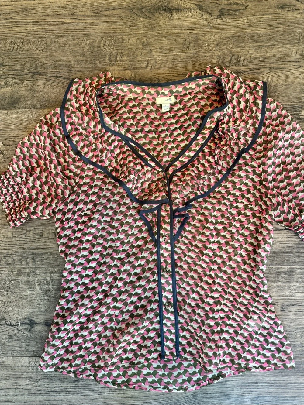 Odille Pink Geometric Ruffle-Trim Blouse - Picture 2 of 9